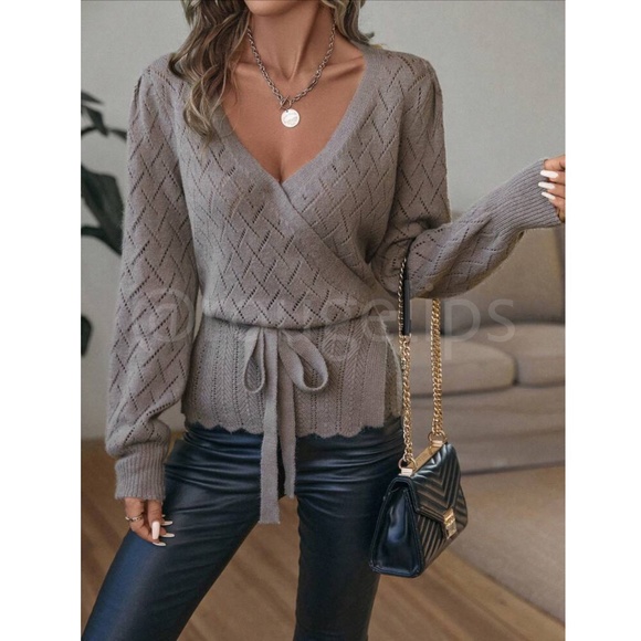 Mocha Brown Wrap Cardigan Long Lantern Sleeve Ties - Picture 5 of 10